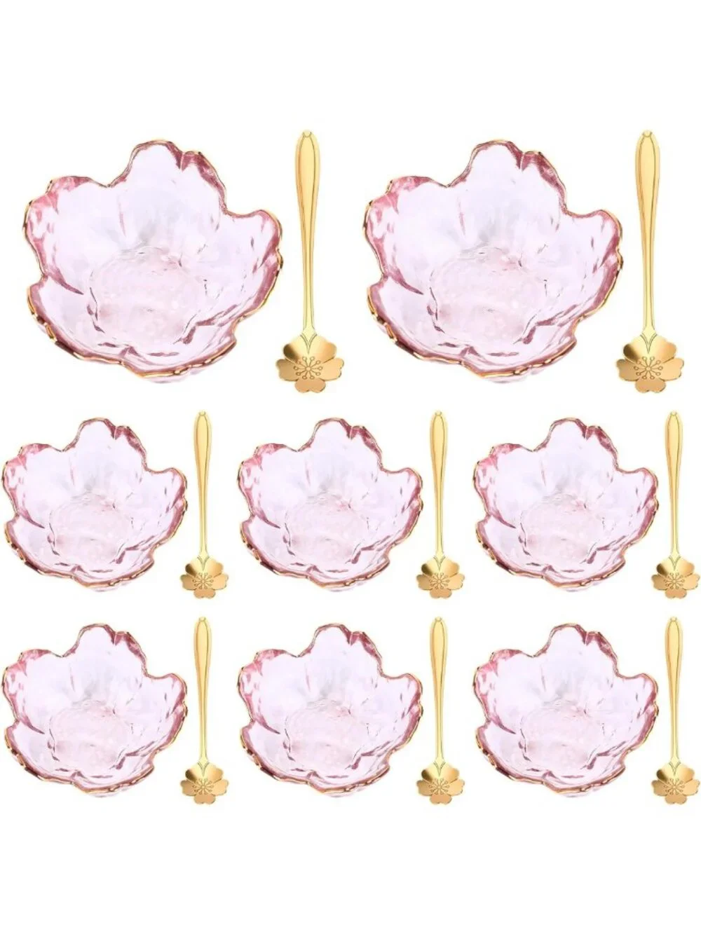 Set of 8 Pink Cherry Blossom Bowls & Flower Spoons - Japanese Crystal Appetizer